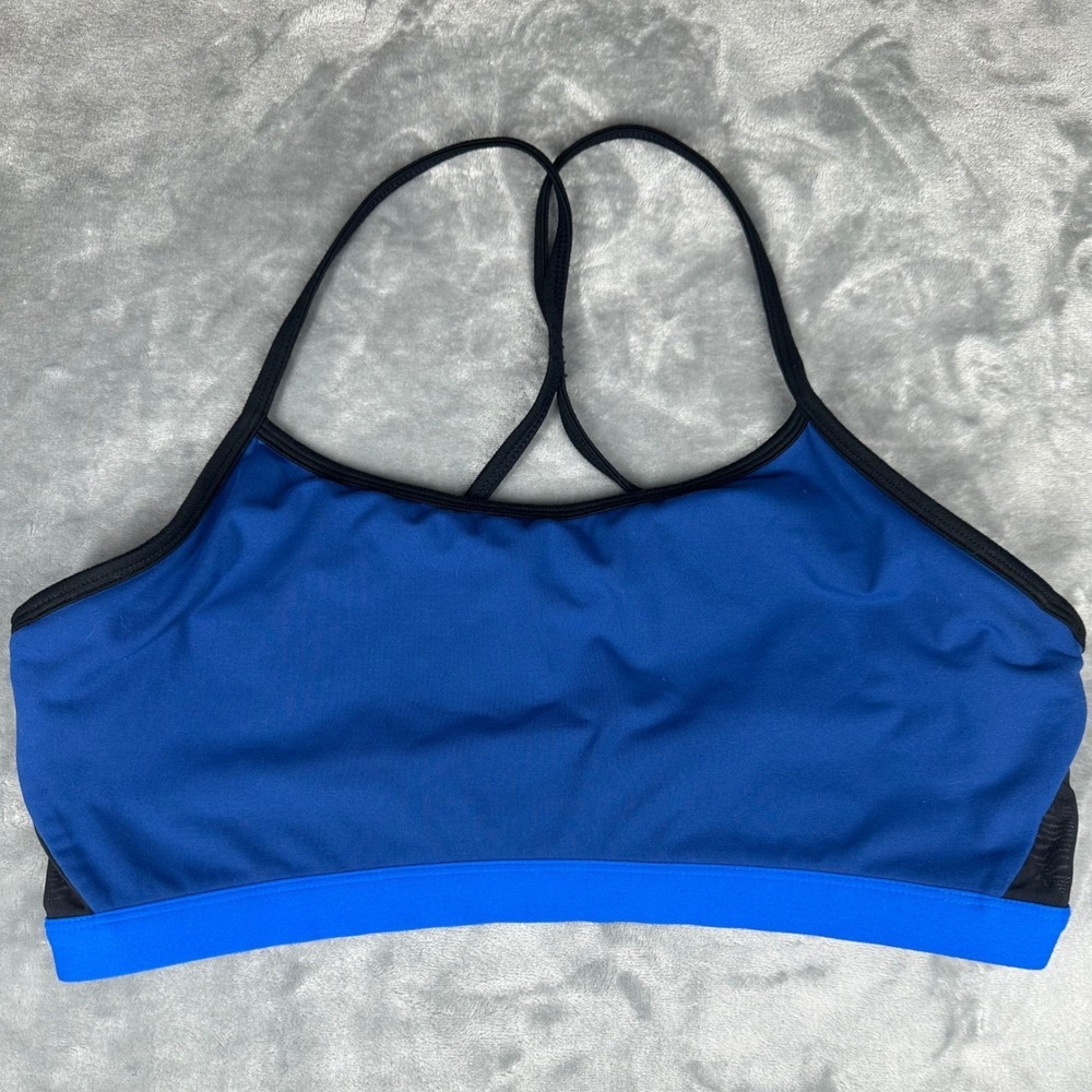 Fabletics Sports Bra Womens Medium Blue Black Racerback Mesh Activewear 6611
